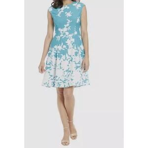 London Times Women’s Blue & White Printed Cap-Sleeve Fit & Flare Dress Size 10